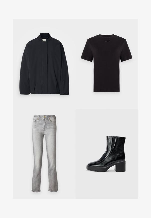 Must musta pikkade varrukatega jakk soonikkoes, peidetud esikinnis, ja diskreetne brändi silt alumisel äärel, asetatud tasasele valgele taustale.; Must musta t-särk lühikeste käistega, ümberringi kaelusega ja väikese valge "Calvin Klein" logo'ga rinnal. Sile tekstuur, klassikaline lõige.; Hall grådenimid, millel on sirge jalgade disain, esiküljel nupulukk, viis taskut ja kergelt kulutatud tekstuur.; Mustmustest must paeltega särkide, millel on kõver varvas, elastsed külgpaneelid ja jäme plokkpealse. Tagaküljel on reljeefne logo.