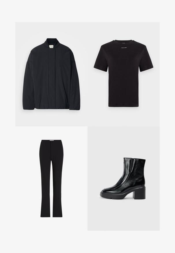 Casaco preto de mangas longas com colarinho canelado, fecho frontal oculto e uma etiqueta discreta da marca na bainha inferior, disposto plano sobre um fundo branco.; T-shirt preta de algodão com mangas curtas, decote redondo e pequeno logótipo branco "Calvin Klein" no peito. Textura suave, ajuste clássico.; Calças pretas, ajustadas com pernas boca de sino; feitas de um tecido suave; apresentam bolsos frontais; design minimalista sem padrões visíveis.; Botas de tornozelo de verniz preto com ponta curva, painéis laterais elásticos e um salto quadrado robusto. Apresenta um logotipo em relevo na parte de trás.