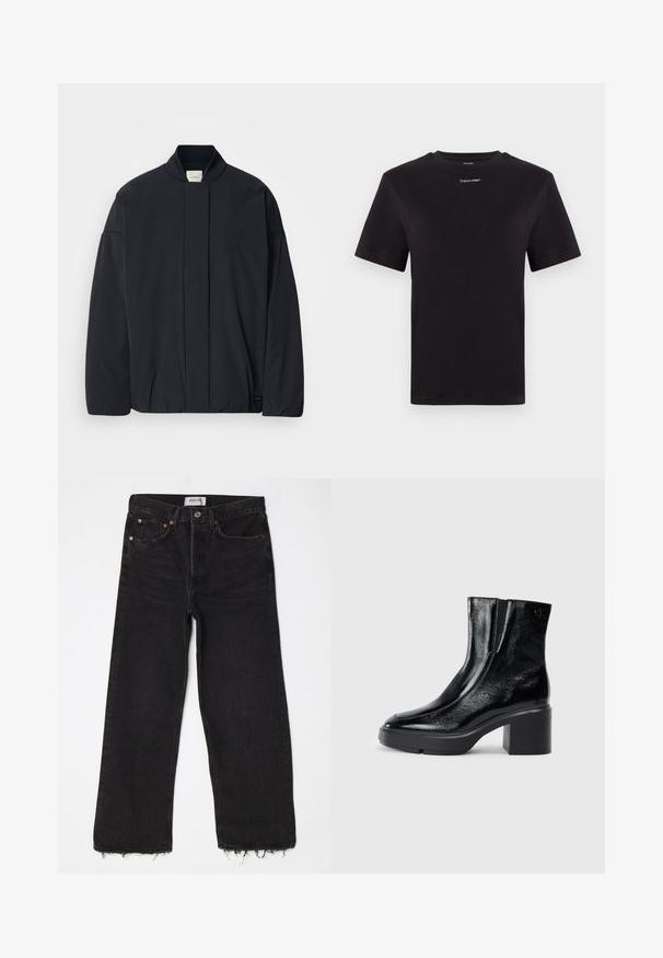 Giacca nera a maniche lunghe con colletto a coste, chiusura frontale nascosta e un'etichetta del marchio discreta sul fondo, posata su uno sfondo bianco.; T-shirt in cotone nero con maniche corte, colletto a girocollo e piccolo logo bianco "Calvin Klein" sul petto. Texture liscia, vestibilità classica.; Jeans neri a vita alta con gamba larga e orlo sfilacciato, cinque tasche e chiusura a bottone metallico. Realizzati in tessuto di denim con una leggera texture.; Stivali alla caviglia in pelle verniciata nera con punta curva, pannelli laterali elasticizzati e tacco robusto. Presentano un logo impresso sul retro.