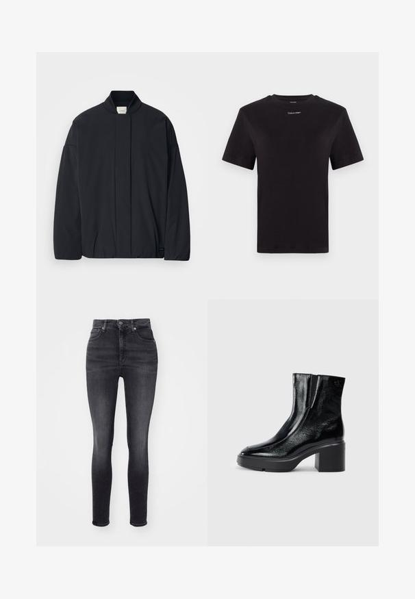 Chaqueta negra de manga larga con cuello acanalado, cierre frontal oculto y sutil etiqueta de la marca en el dobladillo inferior, colocada plana sobre un fondo blanco.; Camiseta de algodón negra con mangas cortas, cuello redondo y pequeño logo blanco de "Calvin Klein" en el pecho. Textura suave, corte clásico.; Vaqueros skinny de tiro alto hechos de denim gris oscuro. Cuenta con cinco bolsillos y un cierre de botón. Textura suave con un ligero estiramiento.; Botas de tobillo de charol negro con puntera curva, paneles laterales elásticos y un tacón ancho. Presentan un logo embosado en la parte posterior.