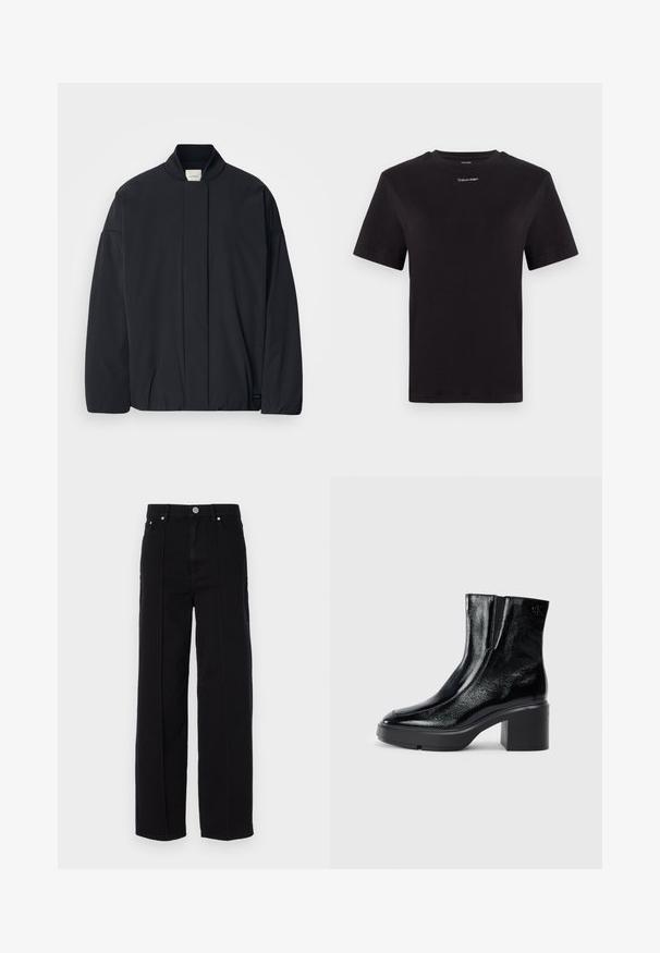 Black long-sleeve jacket with a ribbed collar, hidden front fastening, and subtle brand tag on the bottom hem, laid flat on a white background.; Black cotton t-shirt with short sleeves, crew neck, and small white "Calvin Klein" logo at the chest. Smooth texture, classic fit.; Black denim wide-leg pants with a high waist, featuring five pockets, metal button closure, and straight seam detailing along the sides.; Black patent leather ankle boots with a curved toe, elastic side panels, and a chunky block heel. Features embossed logo on the back.