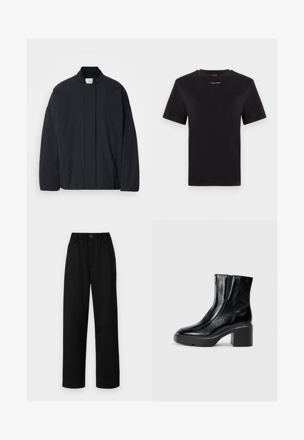 Melnas garās piedurknes jakas ar ribotu apkakli, slēptu priekšpuses aizdari un smalku zīmola etiķeti apakšējā apmalē, izvietota uz baltas fona.; Melna kokvilnas T-kreklu ar īsām piedurknēm, apaļu kakla izgriezumu un nelielu baltu "Calvin Klein" logotipu krūtīs. Gluda tekstūra, klasiskā piegriezuma.; Melnas platas bikses ar teksturētu jostasvietu, kurām ir priekšējā pogu aizdare un divas sānu kabatas. Gluda auduma un pielāgota dizaina.; Melnas lakotas ādas potītes zābaki ar izliekto purngalu, elastīgām sānu paneļiem un masīvu blokveida papēdi. Aizmugurē ir izsistā logo.