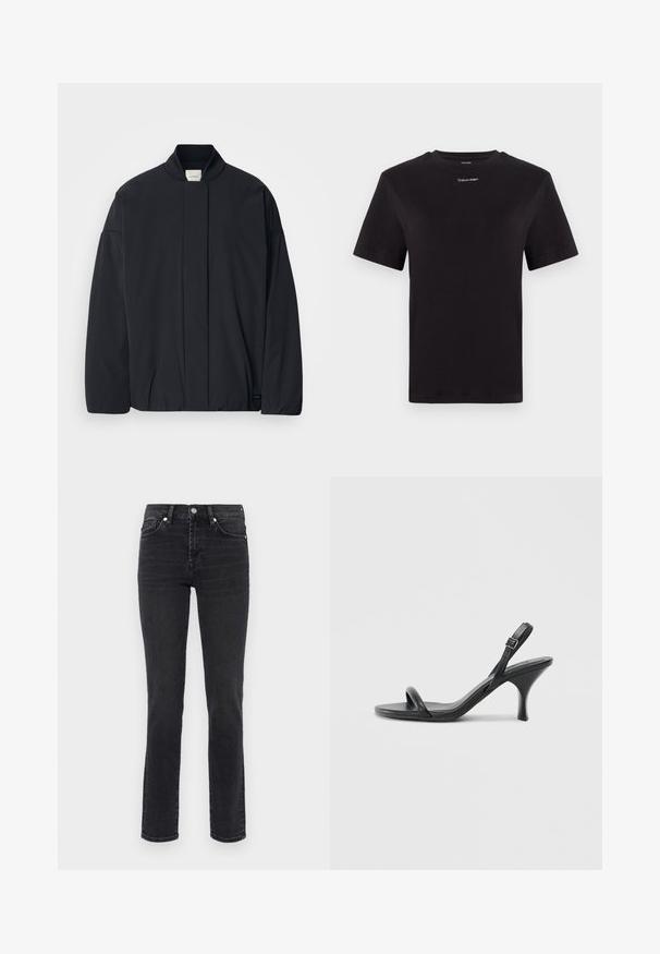 Juodas ilgarankovis švarkas su raštuota apykakle, užslėptu priekiu užsegimu ir subtilia prekės etiketė apačioje, padėtas ant baltos fono.; Juodas medvilninis marškinėliai trumpomis rankovėmis, apykaklė, su mažu baltu "Calvin Klein" logotipu krūtinėje. Lygus paviršius, klasikinis siluetas.; Liemenį apdailinti juodi džinsai su vidutinio aukščio juosmeniu, klasikinio penkių kišenių dizainu ir subtiliu pereikvojimu palei kojas.; Juodos odinės aukštakulnės šlepetės su plonu, kreiviu kulnu ir kryžminiu dirželio dizainu. Reguliuojamas kulkšnies dirželis. Lygus paviršius.