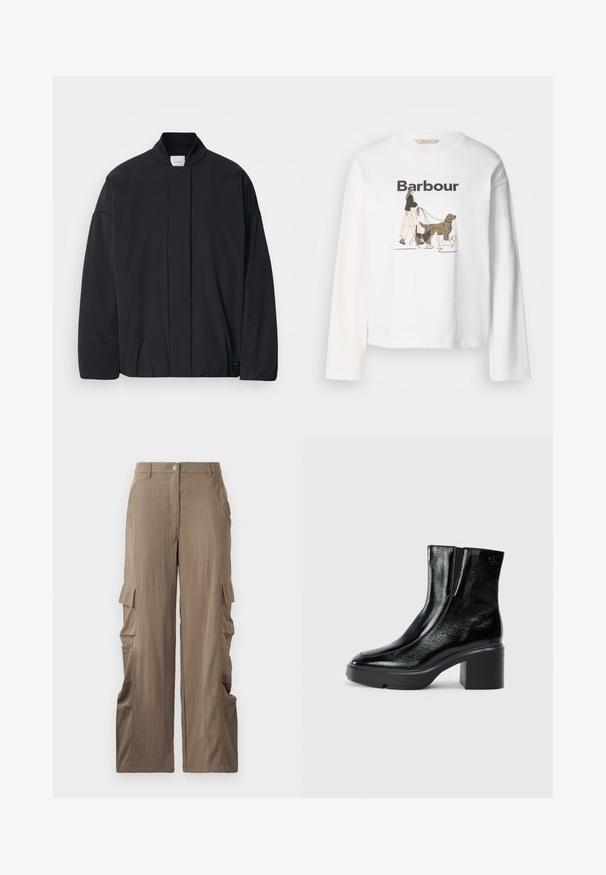 Zwarte lange mouwen jas met een geribde kraag, verborgen sluiting aan de voorkant en een subtiele merketiket op de onderrand, plat gelegd op een witte achtergrond.; Witte lange mouwen t-shirt met een afbeelding van een persoon die drie honden uitlaat, met "Barbour" bovenaan in het zwart gedrukt.; Cargo broek in een lichtbruine stof, met een rechte pijp, twee zijzakken en twee cargozakken op de dijen.; Zwarte gepatenteerde leren enkellaarsjes met een gebogen neus, elastische zijpanelen en een chunky blokhak. Voorzien van een reliëflogo aan de achterkant.