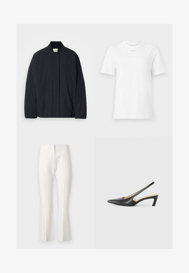 Melnas garās piedurknes jakas ar ribotu apkakli, slēptu priekšpuses aizdari un smalku zīmola etiķeti apakšējā apmalē, izvietota uz baltas fona.; Balta kokvilnas T-krekls ar apaļu apkakli, īsām piedurknēm un mazu melnu "Calvin Klein" logotipu uz krūtīm. Vienkāršs dizains, bez rakstiem.; Baltas pielāgots bikses ar izplestiem apakšējiem galiem, ar plakanu priekšpusi, bez kabatām un gludu auduma tekstūru.; Melna, ar smailu purngalu, slingback kurpe ar zemu papēdi, izgatavota no gludas ādas materiāla un ar izgriezumiem sānos gaisa caurlaidībai.