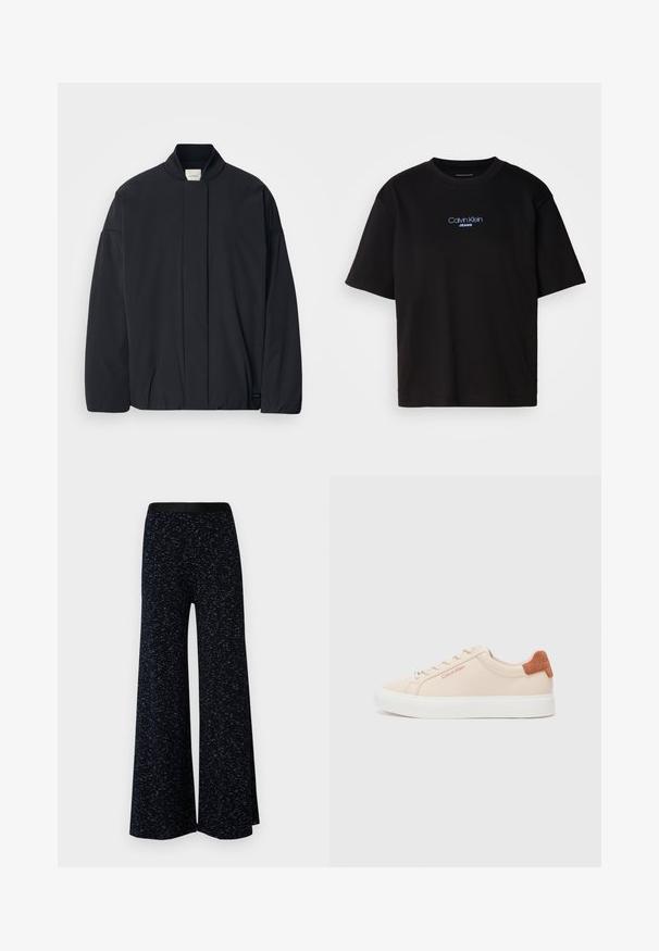 Jachetă neagră cu mâneci lungi, cu guler ribbat, închidere frontală ascunsă și etichetă subtilă a brandului pe tivul de jos, așezată pe un fundal alb.; Tricou din bumbac negru cu guler rotund, mâneci scurte și logo-ul brodat în albastru "Calvin Klein JEANS" pe față.; Mads Nørgaard COTTON SPACE VERAN PANTS - Pantaloni - multi midnight; Adidași roz deschis cu un superior din piele netedă, talpă din cauciuc alb și un accent din suede maro la călcâi; logo-ul Calvin Klein în roșu.
