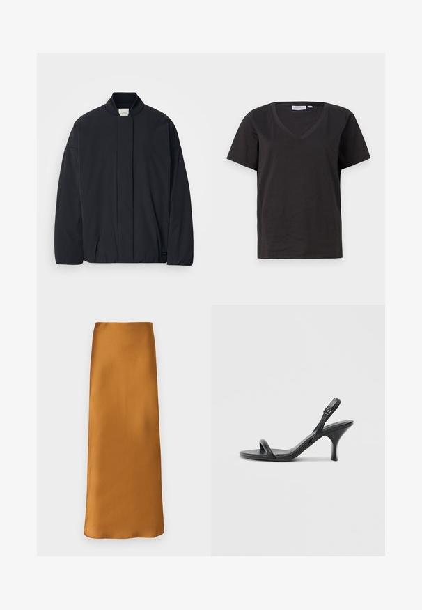 Casaco preto de mangas longas com colarinho canelado, fecho frontal oculto e uma etiqueta discreta da marca na bainha inferior, disposto plano sobre um fundo branco.; T-shirt de algodão preto com decote em V e mangas curtas. Design simples com um corte regular e sem padrões ou detalhes.; Bruuns Bazaar ACACIA JOANELLE SKIRT - Saia comprida - rubber; Sandálias de salto alto em couro preto com um salto curvado e fino e um design de tiras cruzadas. Correia ajustável no tornozelo. Textura suave.