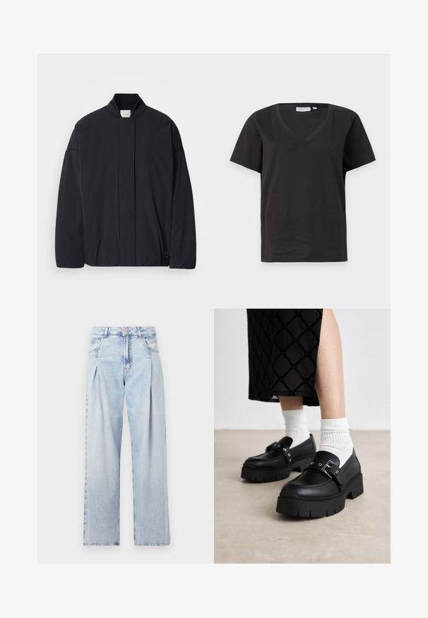 Black long-sleeve jacket with a ribbed collar, hidden front fastening, and subtle brand tag on the bottom hem, laid flat on a white background.; Black cotton T-shirt with a V-neck and short sleeves. Simple design with a regular fit and no patterns or accents.; Light blue denim jeans with a high waist, wide-leg cut, two side pockets, and pleated design feature. Soft texture with a faded finish.; Black platform loafers with a smooth leather finish, featuring a buckle detail and stud accents, paired with white ribbed socks.