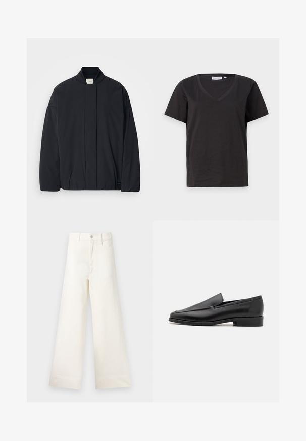 Čierna dlhá bundá s rebrovaným golierom, skrytým predným zapínaním a diskrétnou značkou na dolnom leme, položená na bielom pozadí.; Čierne bavlnené tričko s výstrihom do V a krátkymi rukávmi. Jednoduchý dizajn s bežným strihom a bez vzorov alebo akcentov.; Široké nohavice z ľahkej béžovej bavlny. Majú vysoký pás, predné vrecká a rovný strih. Čisté ukončenie bez vzorov.; Čierne kožené mokasíny s zaoblenou špičkou, hladkým povrchom, jemným prešívaním a nízkym, robustným podpätkom. Plná podrážka pre pohodlie.