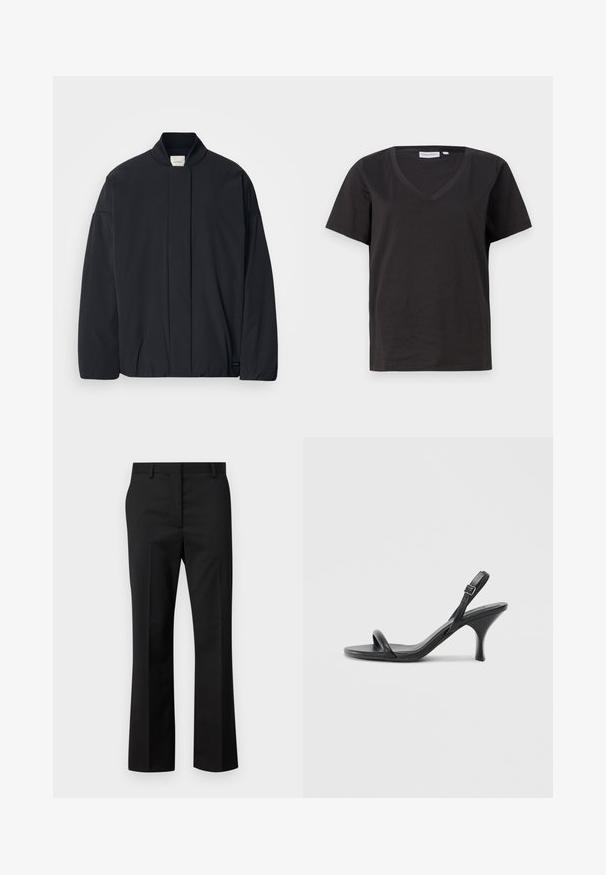 Black long-sleeve jacket with a ribbed collar, hidden front fastening, and subtle brand tag on the bottom hem, laid flat on a white background.; Black cotton T-shirt with a V-neck and short sleeves. Simple design with a regular fit and no patterns or accents.; Black tailored trousers with a straight leg design. Made of a smooth fabric, featuring a flat front and standard waistband with belt loops.; Black leather high-heeled sandals with a slim, curved heel and a crossed strap design. Adjustable ankle strap. Smooth texture.