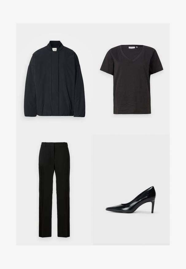 Černá bunda s dlouhým rukávem, žebrovaným límcem, skrytým zapínáním na přední straně a nenápadnou značkovou visačkou na spodním lemu, položená na bílé pozadí.; Černé bavlněné tričko s výstřihem do V a krátkým rukávem. Jednoduchý design s klasickým střihem bez vzorů nebo akcentů.; Černé kalhoty se střihovanými nohavicemi, vyrobené z hladké tkaniny, s plochým předním dílem, poutky na opasek a bez viditelných vzorů nebo akcentů.; Černé kožené boty na vysokém podpatku s špičatou špičkou, hladkým povrchem a zúženým podpatkem. Minimalistický design, bez dalších ozdob.