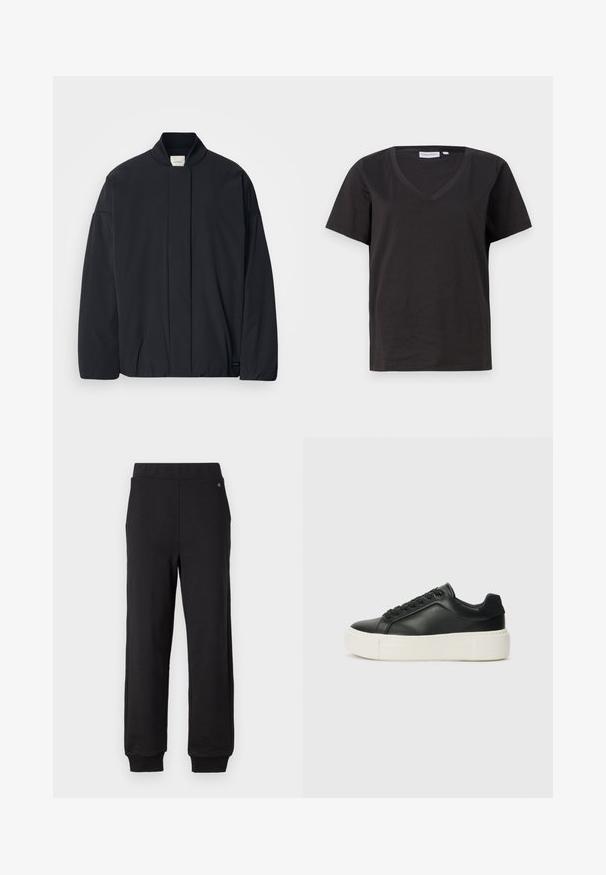 Black long-sleeve jacket with a ribbed collar, hidden front fastening, and subtle brand tag on the bottom hem, laid flat on a white background.; Black cotton T-shirt with a V-neck and short sleeves. Simple design with a regular fit and no patterns or accents.; Black sweatpants made of soft, stretchy fabric. Features an elastic waistband, cuffs at the ankles, and logo detail near the waistband.; Black leather sneaker with a rounded toe, white platform sole, and black laces. Features a subtle logo on the heel and smooth texture.