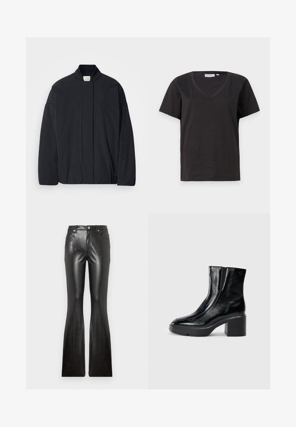 Giacca nera a maniche lunghe con colletto a coste, chiusura frontale nascosta e un'etichetta del marchio discreta sul fondo, posata su uno sfondo bianco.; T-shirt in cotone nero con scollo a V e maniche corte. Design semplice con vestibilità regolare, senza motivi o dettagli.; Pantaloni flare neri in pelle con una texture liscia, cinque tasche, chiusura frontale con bottone e una silhouette attillata sulle cosce.; Stivali alla caviglia in pelle verniciata nera con punta curva, pannelli laterali elasticizzati e tacco robusto. Presentano un logo impresso sul retro.