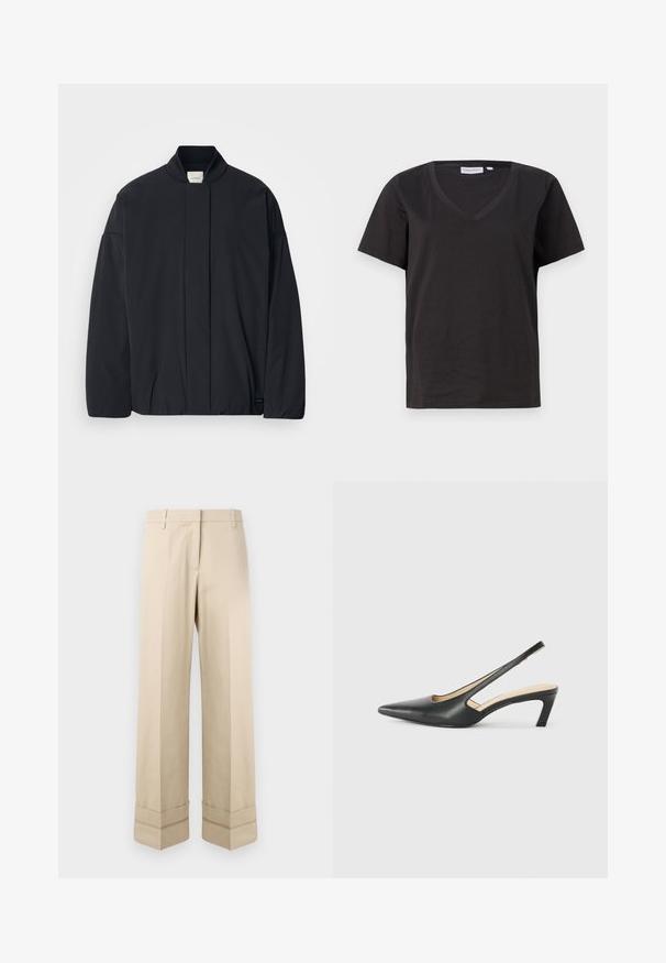 Jachetă neagră cu mâneci lungi, cu guler ribbat, închidere frontală ascunsă și etichetă subtilă a brandului pe tivul de jos, așezată pe un fundal alb.; Tricou negru din bumbac cu decolteu în V și mâneci scurte. Design simplu, cu o croială normală și fără modele sau accente.; Pantaloni bej cu o croială dreaptă, având un manșon dublu la tiv și un design cu față plată. Fabricat dintr-un material neted și durabil.; Pantof cu toc mic, cu vârf ascuțit și slingback, realizat din piele netedă, având un design decupat pe lateral pentru respirabilitate.
