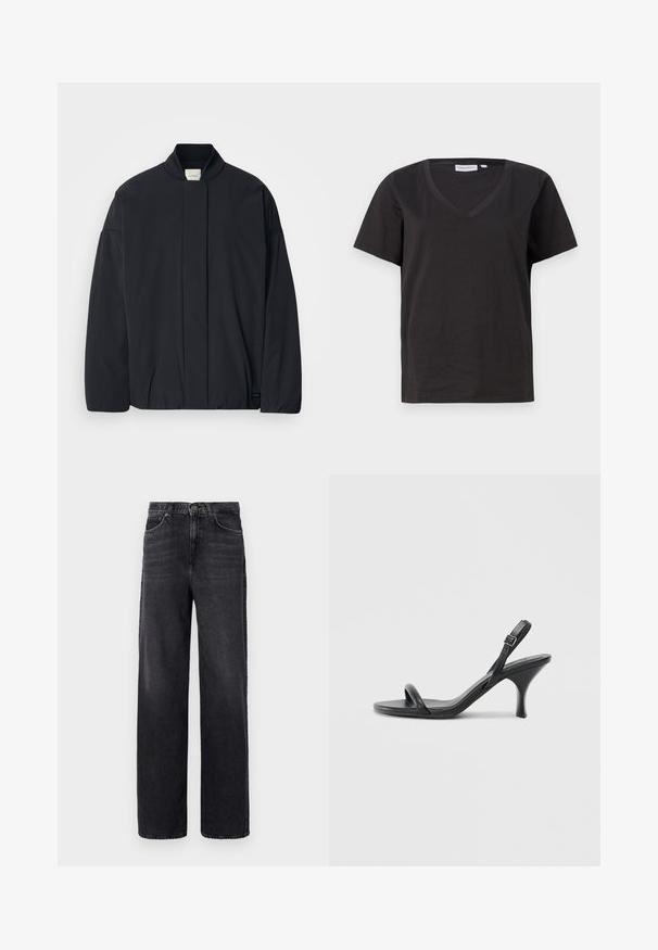 Musta pitkähihaisella takilla, jossa on ribattua kaulusta, piilotettu etukiinnitys ja hillitty brändilogo alareunassa, asetettuna tasaisesti valkoista taustaa vasten.; Musta puuvillainen T-paita, jossa on V-kaula-aukko ja lyhyet hihat. Yksinkertainen muotoilu, säännöllinen istuvuus ilman kuvioita tai koristeita.; Mustat farkut korkealla vyötäröllä, leveät lahkeet, viisi taskua ja hillitty kuluminen. Varustettu klassisella nappi- ja vetoketjukiinnityksellä.; Mustat nahkaiset korkokengät, joissa on hoikka, kaareva korko ja ristiin menevä hihnadesign. Säädettävä nilkkahihna. Silkkinen pinta.