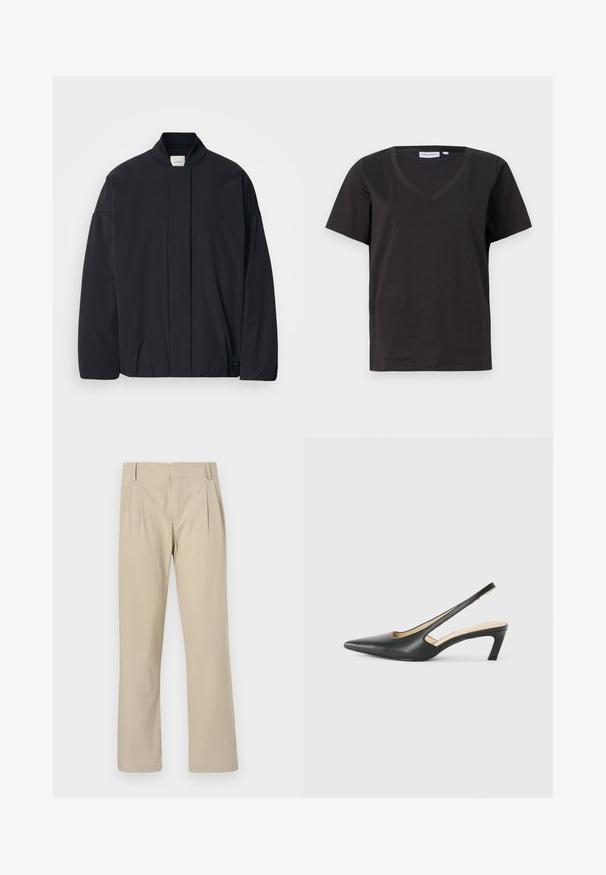 Must musta pikkade varrukatega jakk soonikkoes, peidetud esikinnis, ja diskreetne brändi silt alumisel äärel, asetatud tasasele valgele taustale.; Must musta T-särk V-kaelusega ja lühikeste varrukatega. Lihtne disain, regulaarne istuvus, ilma mustrite ja aktsentideta.; Beežid laiad püksid, mis on valmistatud puuvilla segust; esiosas on voldid, sirge lõige ja vöökummid. Sile tekstuur, mustriteta.; Must mustaga, terav varvas, madala kontsaga sildiga king, mis on valmistatud siledast nahast ja mille küljel on lõike disain hingavuse tagamiseks.
