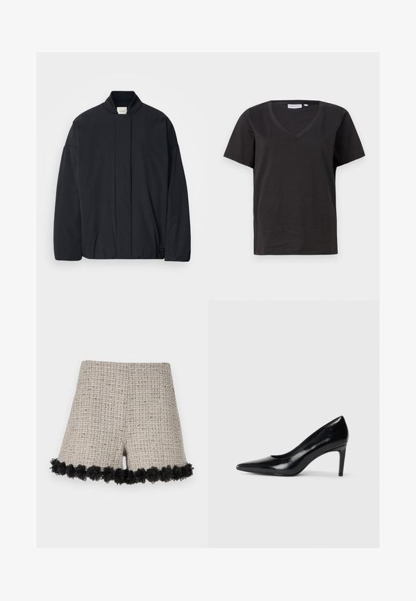 Veste noire à manches longues avec un col côtelé, fermeture frontale cachée et une étiquette de marque discrète au bas de l'ourlet, posée à plat sur un fond blanc.; T-shirt en coton noir avec un col en V et des manches courtes. Design simple avec une coupe régulière et sans motifs ni accents.; Shorts en tweed beige avec un motif texturé, dotés d'une bordure florale noire au bas. Le design comprend une coupe globalement ajustée.; Chaussure à talon haut en cuir noir avec un bout pointu, texture lisse et un talon effilé. Design minimaliste, sans embellissements supplémentaires.
