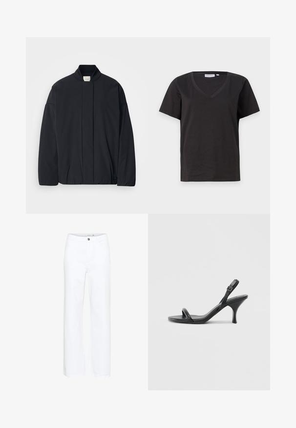 Svart langermet jakke med ribbestrikket krage, skjult frontlukking og subtil merkeetikett på bunnsømmen, lagt flatt på en hvit bakgrunn.; Svart bomull T-skjorte med V-hals og korte ermer. Enkel design med vanlig passform og uten mønstre eller detaljer.; Hvite vide jeans laget av denim. Har knappefeste og tradisjonell fem-lomme-design. Glatt tekstur med en ren finish.; Sorte skinnhøye hæler med en slank, buet hæl og et kryssrem-design. Justerbar ankelrem. Glatt tekstur.
