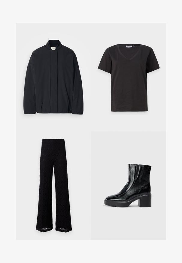 Czarna kurtka z długim rękawem, z ribbanym kołnierzem, ukrytym zapięciem z przodu i subtelną metką marki na dolnym brzegu, leżąca płasko na białym tle.; Czarna bawełniana koszulka z dekoltem w serek i krótkimi rękawami. Prosty design o regularnym kroju bez wzorów ani dodatków.; Czarne spodnie o szerokich nogawkach wykonane z koronkowego materiału w diamentowy wzór; mają wysoki pas i luźny krój od bioder w dół.; Czarne lakierowane botki za kostkę z zaokrąglonym noskiem, elastycznymi panelami bocznymi i masywnym obcasem blokowym. Posiadają wytłoczone logo z tyłu.