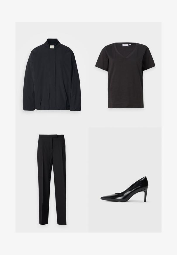 Black long-sleeve jacket with a ribbed collar, hidden front fastening, and subtle brand tag on the bottom hem, laid flat on a white background.; Black cotton T-shirt with a V-neck and short sleeves. Simple design with a regular fit and no patterns or accents.; Black tailored trousers made of smooth fabric, featuring a straight leg design, side pockets, and a discreet hook-and-bar fastener at the waist.; Black leather high heel shoe with a pointed toe, smooth texture, and a tapered heel. Minimalist design, no additional embellishments.