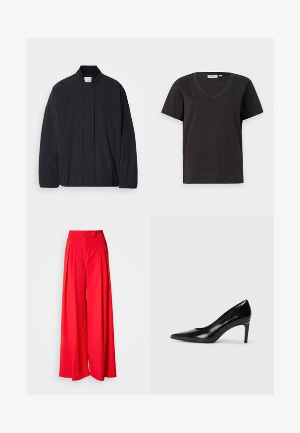 Veste noire à manches longues avec un col côtelé, fermeture frontale cachée et une étiquette de marque discrète au bas de l'ourlet, posée à plat sur un fond blanc.; T-shirt en coton noir avec un col en V et des manches courtes. Design simple avec une coupe régulière et sans motifs ni accents.; Pantalons larges rouges en tissu lisse, dotés de plis avant, d'une taille plate et d'une coupe ajustée. Le design met en avant une silhouette fluide.; Chaussure à talon haut en cuir noir avec un bout pointu, texture lisse et un talon effilé. Design minimaliste, sans embellissements supplémentaires.