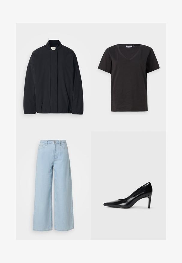 Must musta pikkade varrukatega jakk soonikkoes, peidetud esikinnis, ja diskreetne brändi silt alumisel äärel, asetatud tasasele valgele taustale.; Must musta T-särk V-kaelusega ja lühikeste varrukatega. Lihtne disain, regulaarne istuvus, ilma mustrite ja aktsentideta.; Heledad sinine laia jalgadega teksapüksid, mis on valmistatud denimist, ulatudes nööbi ja luku sulgemiseni, kahe esipocketiga ja puhta, viimistletud äärega.; Mustmust musta kõrge kontsaga king, millel on terav varvas, sile tekstuur ja kitsenev konts. Minimalistlik disain, ilma täiendavate kaunistusteta.
