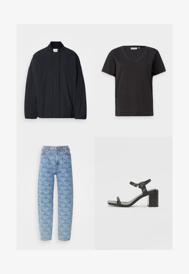 Svart langermet jakke med ribbestrikket krage, skjult frontlukking og subtil merkeetikett på bunnsømmen, lagt flatt på en hvit bakgrunn.; Svart bomull T-skjorte med V-hals og korte ermer. Enkel design med vanlig passform og uten mønstre eller detaljer.; Lyseblå høy midje jeans med geometrisk mønster, rette ben, søm detaljer og kobberfargede knapp detaljer.; Sorte lærblokkhæl sandal med en bred rem over tærne og en justerbar ankelrem, med et stilrent, minimalistisk design.