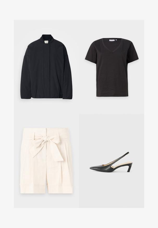 Giacca nera a maniche lunghe con colletto a coste, chiusura frontale nascosta e un'etichetta del marchio discreta sul fondo, posata su uno sfondo bianco.; T-shirt in cotone nero con scollo a V e maniche corte. Design semplice con vestibilità regolare, senza motivi o dettagli.; Shorts beige a vita alta con cintura annodata, design plissettato e orli risvoltati in tessuto leggero.; Scarpa slingback nera con punta affilata e tacco basso, realizzata in pelle liscia e con un design a taglio laterale per favorire la traspirabilità.