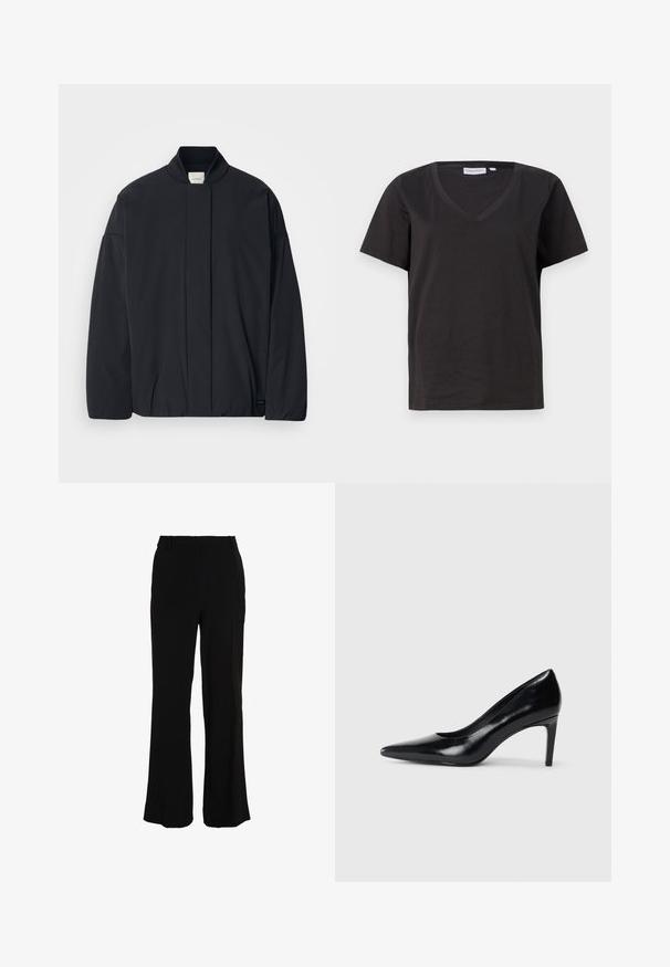 Chaqueta negra de manga larga con cuello acanalado, cierre frontal oculto y sutil etiqueta de la marca en el dobladillo inferior, colocada plana sobre un fondo blanco.; Camisa de algodón negra con cuello en V y mangas cortas. Diseño simple con un corte regular y sin patrones ni acentos.; Pantalones negros con un diseño de pierna recta, hechos de una tela suave. Presentan una cintura de altura media y no tienen bolsillos visibles ni adornos.; Zapato de tacón alto de cuero negro con punta afilada, textura suave y tacón en forma de cono. Diseño minimalista, sin adornos adicionales.