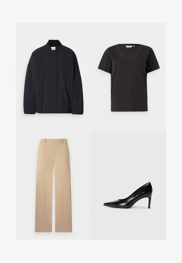 Svart langermet jakke med ribbestrikket krage, skjult frontlukking og subtil merkeetikett på bunnsømmen, lagt flatt på en hvit bakgrunn.; Svart bomull T-skjorte med V-hals og korte ermer. Enkel design med vanlig passform og uten mønstre eller detaljer.; Beige bukser laget av glatt stoff, med en rett ben-design, beltehemper, og en subtil pressing nedover fronten for struktur.; Sorte skinnhøye hæler med spiss tå, glatt tekstur og avsmalnet hæl. Minimalistisk design, ingen ekstra dekorasjoner.