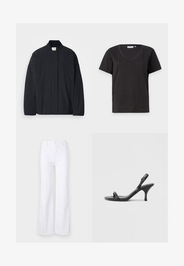 Svart langermet jakke med ribbestrikket krage, skjult frontlukking og subtil merkeetikett på bunnsømmen, lagt flatt på en hvit bakgrunn.; Svart bomull T-skjorte med V-hals og korte ermer. Enkel design med vanlig passform og uten mønstre eller detaljer.; Hvite utsvungne jeans laget av denim, med høy midje, frontlommer og knappelukking. Glatt tekstur og rene linjer.; Sorte skinnhøye hæler med en slank, buet hæl og et kryssrem-design. Justerbar ankelrem. Glatt tekstur.