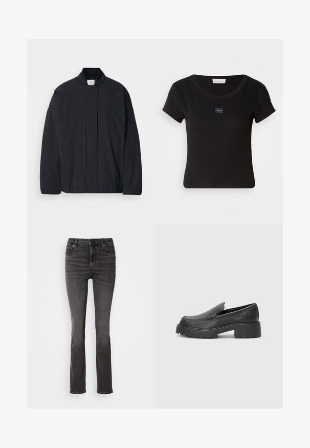 Fekete, hosszú ujjú dzseki bordás gallérral, rejtett előlapi záródással és diszkrét márkajelzéssel az alján, fehér háttéren elhelyezve.; Fekete, rövid ujjú póló bordázott textúrával, kis logó felvarrással a mellkason és kerek nyakkivágással.; Fekete farmernadrág egyenes szárú dizájnnal, öt zsebes stílussal és enyhe kopással. A klasszikus derékpánt jellemzi, cipzáros zárással.; Fekete bőr loafer cipők kerek orral, vastag, texturált talppal és minimális varrási részletekkel. Áramvonalas dizájn, látható fűzők vagy fém részek nélkül.