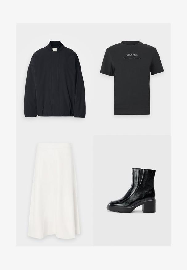 Veste noire à manches longues avec un col côtelé, fermeture frontale cachée et une étiquette de marque discrète au bas de l'ourlet, posée à plat sur un fond blanc.; T-shirt en coton noir avec un col rond, des manches courtes, et un logo "Calvin Klein" imprimé en blanc ainsi que le texte "Established 1968".; Jupe A-line blanche en tissu lisse, avec une taille haute et des coutures discrètes, s'évasant vers le bas.; Bottines en cuir verni noir avec un bout arrondi, des panneaux latéraux en élastique et un talon épais. Comprend un logo embossé à l'arrière.