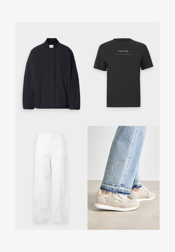 Must musta pikkade varrukatega jakk soonikkoes, peidetud esikinnis, ja diskreetne brändi silt alumisel äärel, asetatud tasasele valgele taustale.; Must musta T-särk, millel on ümmargune kaelus, lühikesed varrukad ja valge trükitud "Calvin Klein" logo ning tekst "Asutatud 1968".; Valged laiad püksid, mis on valmistatud kergetest materjalidest, omades siledat tekstuuri, puhtaid jooni ja kõrget vöökohta.; Calvin Klein Jeans RUNNER - Tossud - eggshell/whisper pink
