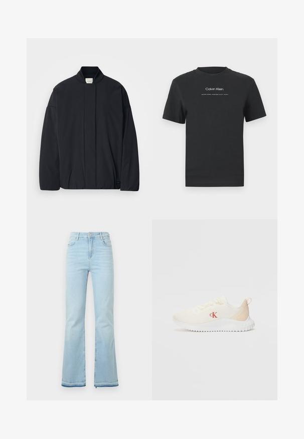 Casaco preto de mangas longas com colarinho canelado, fecho frontal oculto e uma etiqueta discreta da marca na bainha inferior, disposto plano sobre um fundo branco.; T-shirt de algodão preto com decote redondo, mangas curtas e logotipo "Calvin Klein" impresso em branco, acompanhado do texto "Established 1968".; Jeans flare azul claro feitos de denim, com uma cintura alta, bolsos frontais e uma bainha desgastada nas bainhas para um look casual.; Sapatilhas brancas em malha com uma superfície texturizada, detalhes em bege claro, uma sola branca elevada e um logo "CK" vermelho na lateral.