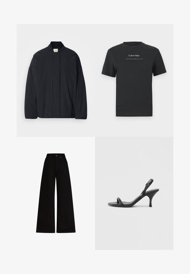 Fekete, hosszú ujjú dzseki bordás gallérral, rejtett előlapi záródással és diszkrét márkajelzéssel az alján, fehér háttéren elhelyezve.; Fekete pamut póló kerek nyakkivágással, rövid ujjakkal, fehér nyomott "Calvin Klein" logóval és "Established 1968" felirattal.; Magas derekú, fekete, széles lábú farmernadrág fémből készült gombos lezárással és két elülső zsebbel. Sima textúra egyszerű dizájnnal.; Fekete bőrből készült, magassarkú szandál, vékony, ívelt sarokkal és keresztben átkötött pántokkal. Állítható bokapánt. Sima felület.