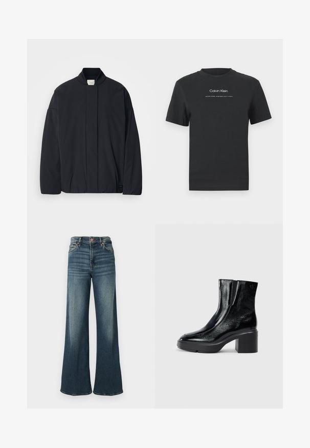 Fekete, hosszú ujjú dzseki bordás gallérral, rejtett előlapi záródással és diszkrét márkajelzéssel az alján, fehér háttéren elhelyezve.; Fekete pamut póló kerek nyakkivágással, rövid ujjakkal, fehér nyomott "Calvin Klein" logóval és "Established 1968" felirattal.; Sötétkék, bő szabású farmernadrág, klasszikus ötpocket fazonnal, réz kiegészítőkkel és finom kopással az elülső részen.; Fekete lakkbőr bokacsizma ívelt orral, elasztikus oldalpanelek és vastag blokk sarkal. A hátsó részen dombornyomott logó található.