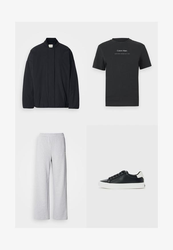 Casaco preto de mangas longas com colarinho canelado, fecho frontal oculto e uma etiqueta discreta da marca na bainha inferior, disposto plano sobre um fundo branco.; T-shirt de algodão preto com decote redondo, mangas curtas e logotipo "Calvin Klein" impresso em branco, acompanhado do texto "Established 1968".; Calças de moletão cinza claro com um design de perna larga, cintura elástica e detalhes de costura sutis. Feitas de um tecido suave e respirável.; Sapatilha preta de cano baixo com sola e tab na parte de trás brancos, atacadores pretos e um discreto logotipo da Calvin Klein na lateral, exibida sobre um fundo plain.