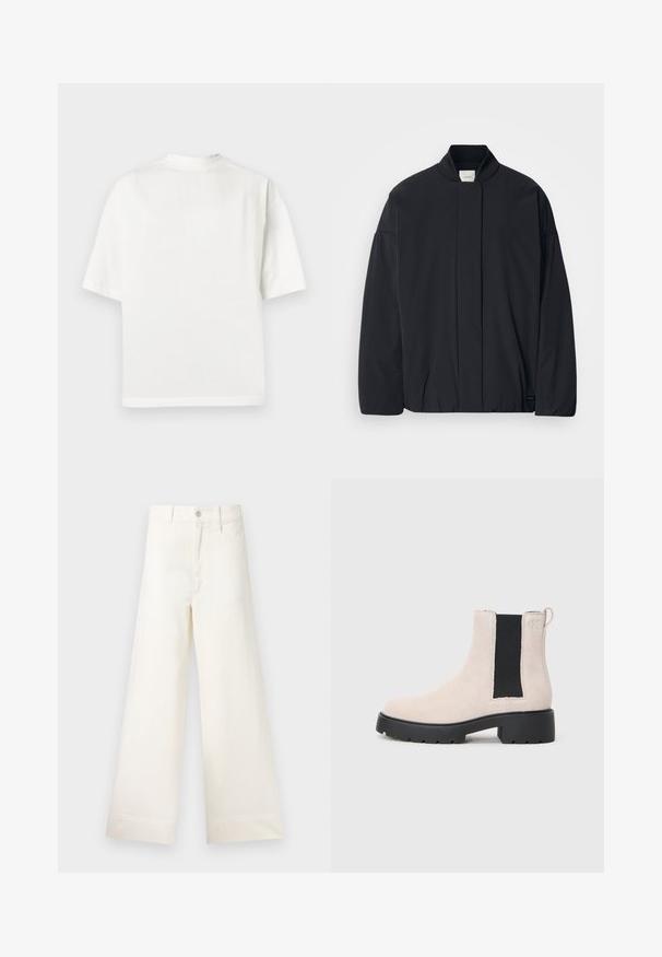 Black long-sleeve jacket with a ribbed collar, hidden front fastening, and subtle brand tag on the bottom hem, laid flat on a white background.; White cotton t-shirt with short sleeves, round neck, and a relaxed fit. Smooth texture, simple design, and no visible patterns or accents.; Wide-leg trousers in light beige cotton. Features a high waist, front pockets, and a straight cut. Clean hem finishing without patterns.; Beige suede Chelsea boot with black elastic side panel, chunky black sole, and pull tab at ankle.