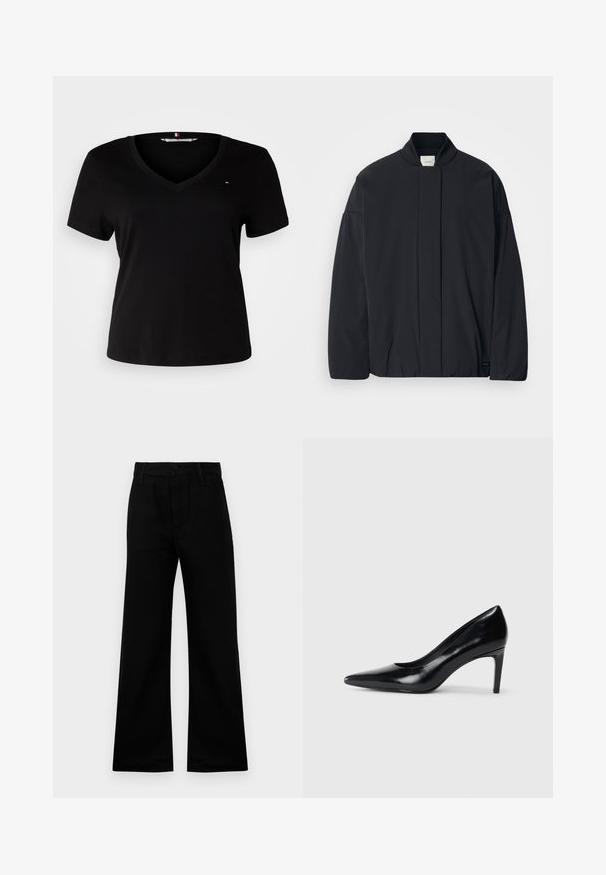 Musta pitkähihaisella takilla, jossa on ribattua kaulusta, piilotettu etukiinnitys ja hillitty brändilogo alareunassa, asetettuna tasaisesti valkoista taustaa vasten.; Musta lyhythihainen t-paita v-pääntiellä, joka on valmistettu sileästä kankaasta. Paidassa on pieni brodeerattu logo rinnassa.; Mustat leveälahkeiset housut, jotka on valmistettu sileästä kankaasta ja joissa on korkea vyötärö, napitettava suljenta ja vyölenkit, tarjoten rakenteellisen istuvuuden.; Mustat nahkakengät korkealla korolla, terävä kärki, sileä pinta ja kapeneva korko. Minimalistinen muotoilu, ei ylimääräisiä koristeita.
