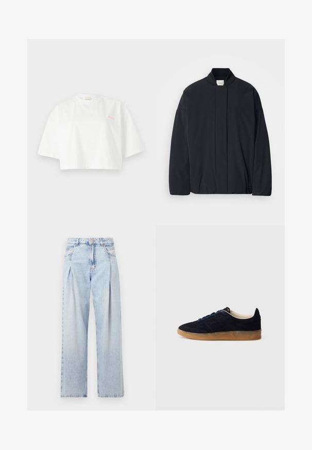Černá bunda s dlouhým rukávem, žebrovaným límcem, skrytým zapínáním na přední straně a nenápadnou značkovou visačkou na spodním lemu, položená na bílé pozadí.; Bílý zkrácený tričko z bavlny. Má kulatý výstřih, krátké rukávy a malé růžové logo Calvin Klein na hrudi.; Světlé modré džíny z denimu s vysokým pasem, širokým střihem, dvěma bočními kapsami a nařaseným designem. Měkká textura s vybledlým povrchem.; Námořnicky modrá semišová teniska s podrážkou z gumové pryže, modrými tkaničkami a minimalistickým designem. Na boku je vyražené logo a uvnitř je hladká podšívka.