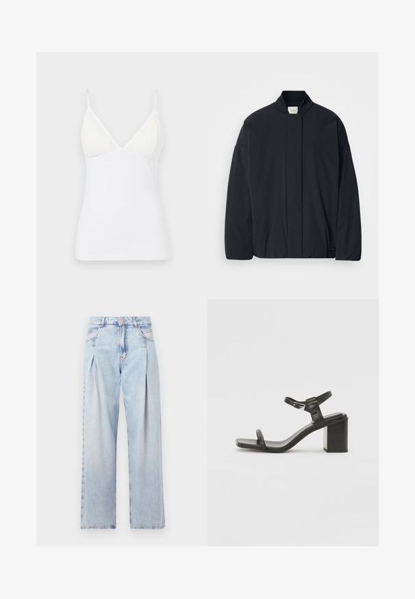 Črno dolg rokav jakna z rebrastim ovratnikom, skrito sprednje zapiranje in subtilna oznaka blagovne znamke na spodnjem robu, razporejena na belem ozadju.; Bela brezrokavna majica s tankimi naramnicami, z V-izrezom in gladkim, lahkim materialom ter prilegajočim krojem.; Svjetloplave traperice visoko struka, širokog kroja, s dva bočna djepa i naboranim dizajnom. Mekana tekstura s izblijedjelim završetkom.; Črne usnjene sandale z blok peto, širokim trakom čez prste in nastavljivim trakom okrog gležnja, z elegantnim, minimalističnim dizajnom.