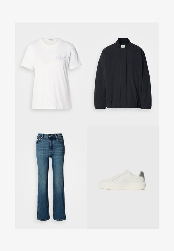 Black long-sleeve jacket with a ribbed collar, hidden front fastening, and subtle brand tag on the bottom hem, laid flat on a white background.; White cotton t-shirt with short sleeves, round neckline, and pink/blue graphic print reading "Gant Sports Club 1949" on the chest.; High-waisted blue jeans made of denim, featuring a straight leg design, subtle fading, and a standard button and zipper closure.; White sneaker made of leather with a smooth texture, featuring a silver accent on the heel, flat sole, and minimalistic design.