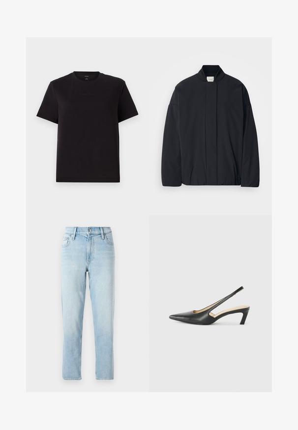 Svart langermet jakke med ribbestrikket krage, skjult frontlukking og subtil merkeetikett på bunnsømmen, lagt flatt på en hvit bakgrunn.; Svart bomull T-skjorte med korte ermer, rund hals og diskret Calvin Klein-logo brodert på brystet. Jevn tekstur, avslappet passform.; Lyseblå denimjeans, rett ben-design, midjehøyde, med fem lommer og en knappelukking foran.; Svart spiss tå slingback-sko med lav hæl, laget av jevnt skinnmateriale og med utskåret design på siden for pusteevne.