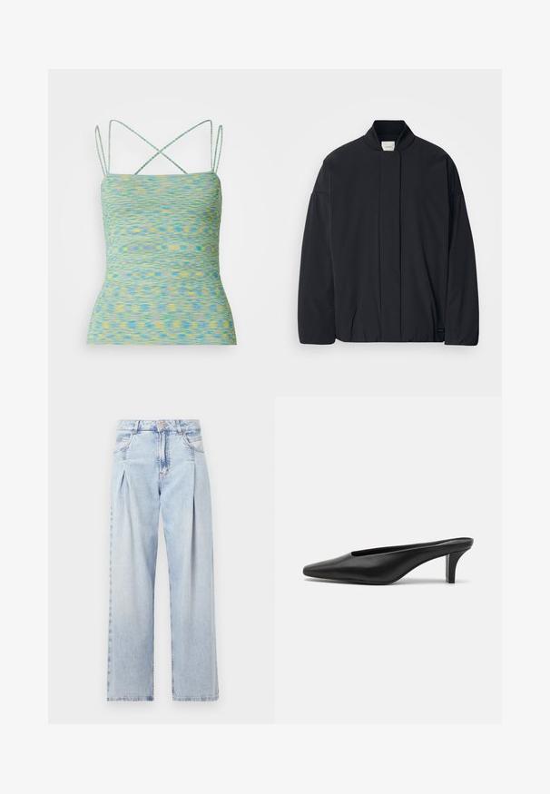 Black long-sleeve jacket with a ribbed collar, hidden front fastening, and subtle brand tag on the bottom hem, laid flat on a white background.; Lightweight, sleeveless top in a multicolored pattern of blue and yellow. Features crossback straps and a fitted design.; Light blue denim jeans with a high waist, wide-leg cut, two side pockets, and pleated design feature. Soft texture with a faded finish.; Black leather pointed-toe mules with a low stiletto heel. Smooth texture, minimalistic design, and open back for easy wear.