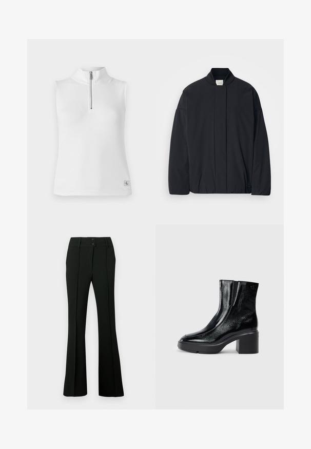 Must musta pikkade varrukatega jakk soonikkoes, peidetud esikinnis, ja diskreetne brändi silt alumisel äärel, asetatud tasasele valgele taustale.; Valge hõlmikuga tipp, millel on püstine krae ja poolne lukk. Omab ribakujulist tekstuuri ja väikest bränditud sildit alläärs.; Mustad laienevad püksid, millel on sile kangas, kõrge vöökoht kahe nööbiga ja ees voldid, mis annavad kohandatud välimuse.; Mustmustest must paeltega särkide, millel on kõver varvas, elastsed külgpaneelid ja jäme plokkpealse. Tagaküljel on reljeefne logo.