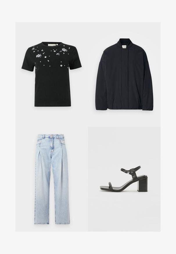 Black long-sleeve jacket with a ribbed collar, hidden front fastening, and subtle brand tag on the bottom hem, laid flat on a white background.; Black short-sleeve t-shirt featuring scattered clear rhinestones and embellishments across the front. Made from soft, flexible fabric.; Light blue denim jeans with a high waist, wide-leg cut, two side pockets, and pleated design feature. Soft texture with a faded finish.; Black leather block-heeled sandal with a wide strap across the toe and an adjustable ankle strap, featuring a sleek, minimalist design.