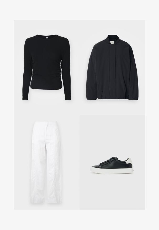 Fekete, hosszú ujjú dzseki bordás gallérral, rejtett előlapi záródással és diszkrét márkajelzéssel az alján, fehér háttéren elhelyezve.; Fekete, hosszú ujjú póló ribbed anyagból, lekerekített nyakkivágással és oldalsó redőzéssel. Az illeszkedése szoros, testhezálló.; Fehér, széles szárú nadrág könnyű anyagból, sima textúrával, letisztult vonalakkal és magasderék kialakítással.; Fekete alacsony sneakers fehér talppal és saroktabbal, fekete fűzőkkel, és diszkrét Calvin Klein logóval az oldalon, egy sima háttér előtt bemutatva.