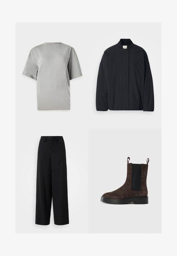 Black long-sleeve jacket with a ribbed collar, hidden front fastening, and subtle brand tag on the bottom hem, laid flat on a white background.; Gray oversized t-shirt made from soft cotton. Features a crew neckline and short sleeves, with a smooth texture and no patterns.; Black wide-leg trousers made of smooth fabric, featuring a flat-front design, pleated details, and belt loops at the waistband.; Brown suede ankle boot with elastic side panels and pull tabs. Features a rounded toe and chunky black heel for stability.