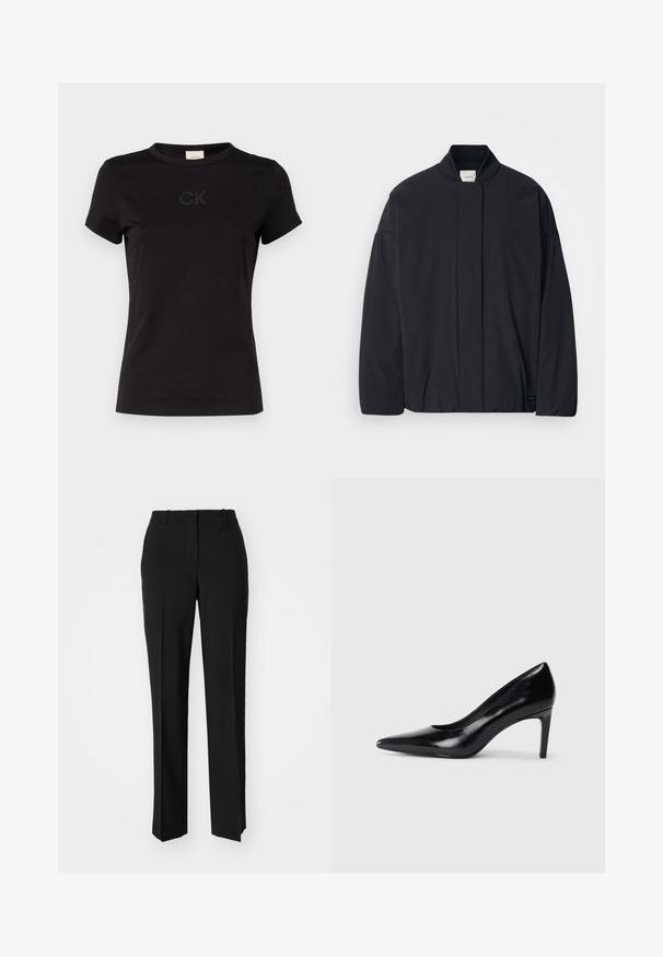 Černá bunda s dlouhým rukávem, žebrovaným límcem, skrytým zapínáním na přední straně a nenápadnou značkovou visačkou na spodním lemu, položená na bílé pozadí.; Černé bavlněné tričko s krátkým rukávem, kulatým výstřihem a výšivkou loga "CK" na přední straně. Hladká textura a standartní střih.; Černé kalhoty na míru se střihem do rovna, které mají hladkou texturu a ostré sklady na přední straně. Bez viditelného kování.; Černé kožené boty na vysokém podpatku s špičatou špičkou, hladkým povrchem a zúženým podpatkem. Minimalistický design, bez dalších ozdob.